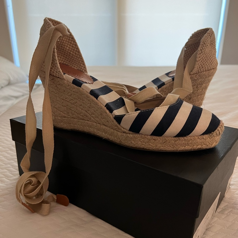 J. Crew Lace Up Wedge Espadrilles Navy and White Stripe with Ribbon Sandals